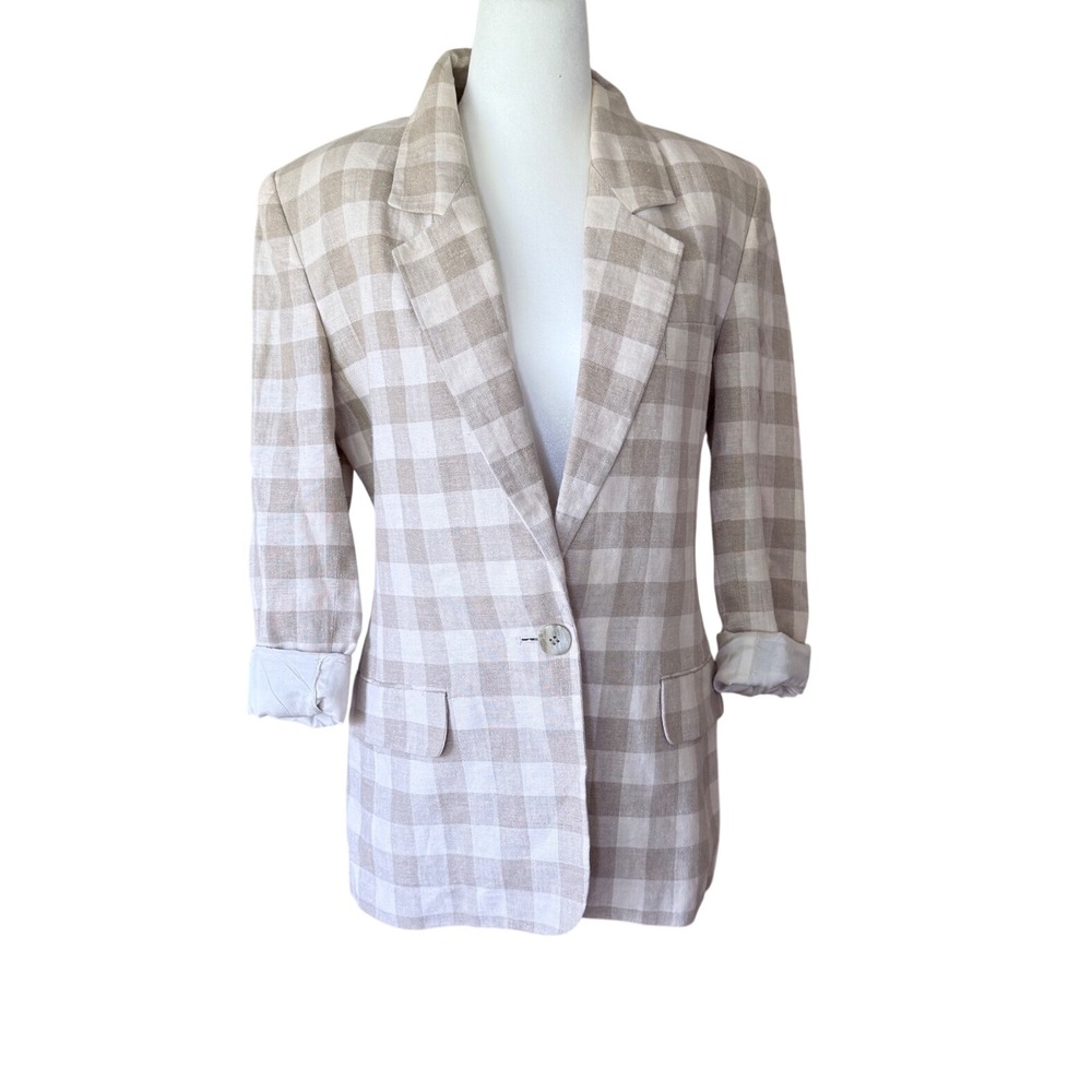 Vintage JH Collectibles Linen Buffalo Check Longline Blazer Beige
